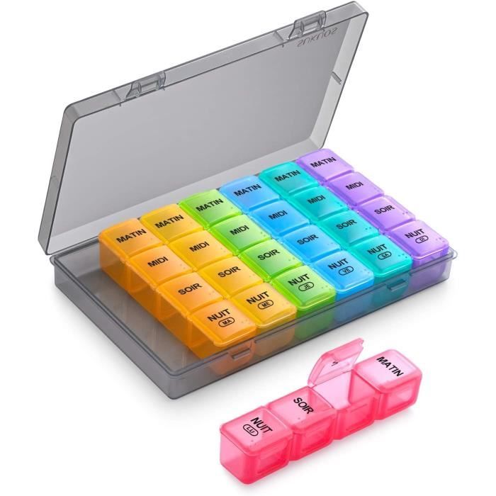 Pilulier Semainier – 7 Jours, 28 Cases – Multicouleurs – Organisation Visuelle Simple – Plastique