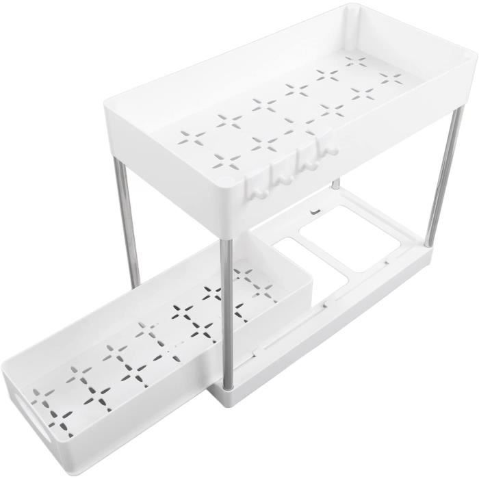Rangeur Sous évier 2 Niveaux - Blanc Avec Crochets Et Pots - Relaxdays