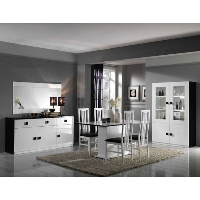 Salle à manger complète Blanc/Noir - ZEME - Noir et Blanc - Bois - L 160 x l 90 x H 77