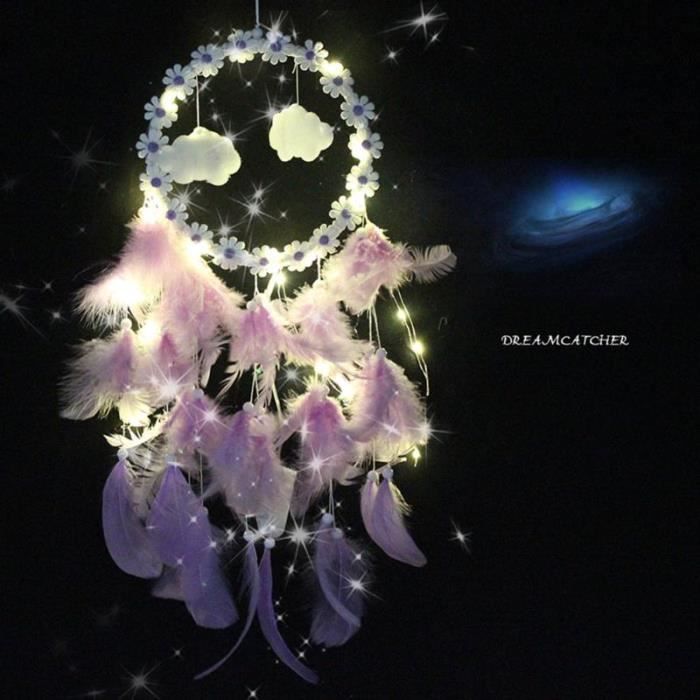 Attrape-Rêves LED Gris Élégant Avec Plumes Naturelles Et Quartz Rose – Lumière Romantique Pour Chambre