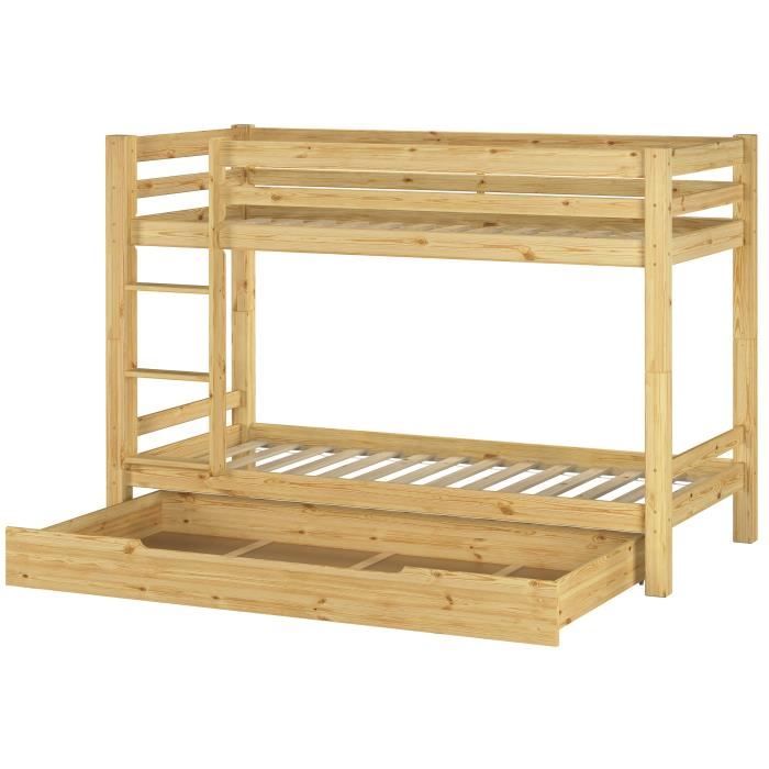 Lit superposé enfant pin massif naturel 90x200 sommiers 1 grand tiroir 60.09-09S1