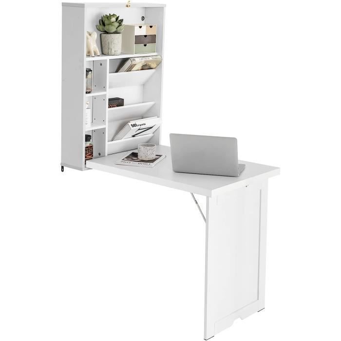 GOPLUS Bureau Mural Pliant Bureau dordinateur Convertible Bureau Suspendu Bibliothèques de Rangement Étagères Réglables