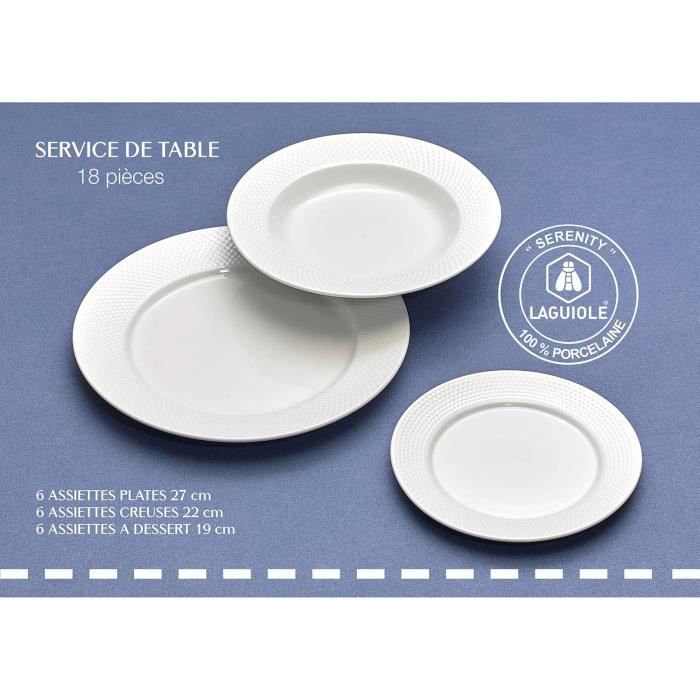 Service à table assiettes 18 pièces en porcelaine blanc SERENITY - Laguiole Qualité Pro Blanc