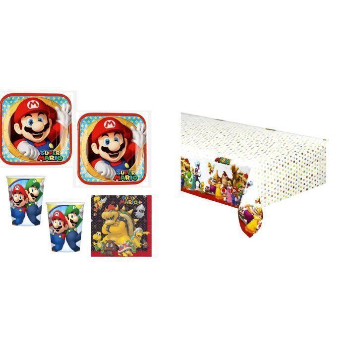Kit de fête 16 enfants ( cde 6 ) - Mario - Anniversaire - 16 Assiettes - 16 Gobelets - 20 Serviettes + 1 nappe Mario