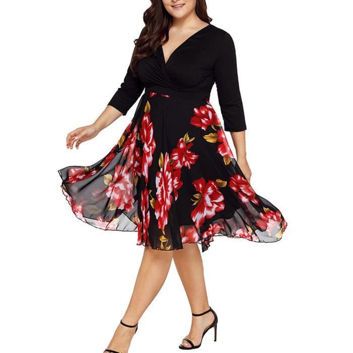 Femme Midi Robes En Mousseline De Soie Col En V Wrap Floral Manches Longues Taille Plus Robe De Bal Noir Noir Achat Vente Robe Cdiscount