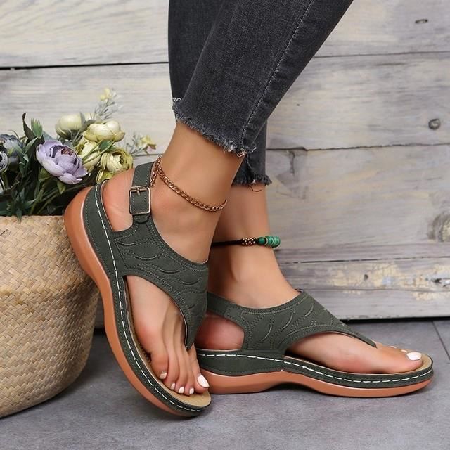 Sandales plates en cuir vert pour femmes - Boucle de ceinture - Style concis