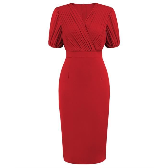 Cache Cache Robe Rouge Robe Femme - Plis Pressés - Col en V Cache-Cœur - Rouge Rouge ...