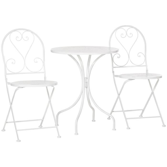 Ensemble de jardin bistro 3 pièces OUTSUNNY - Table ronde et 2 chaises pliantes en métal époxy blanc