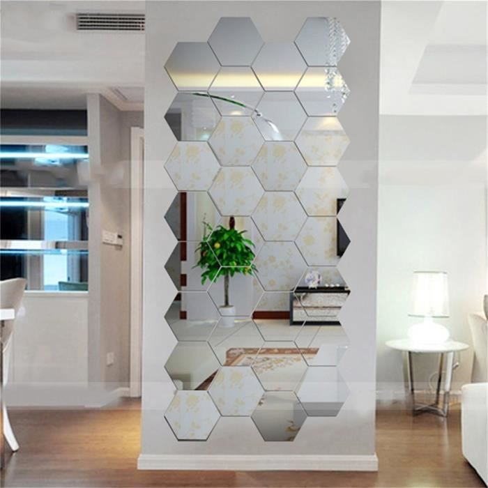 Sticker muraL de miroirs hexagonaux 3D, décoration, autocollant mural de  miroir de salon
