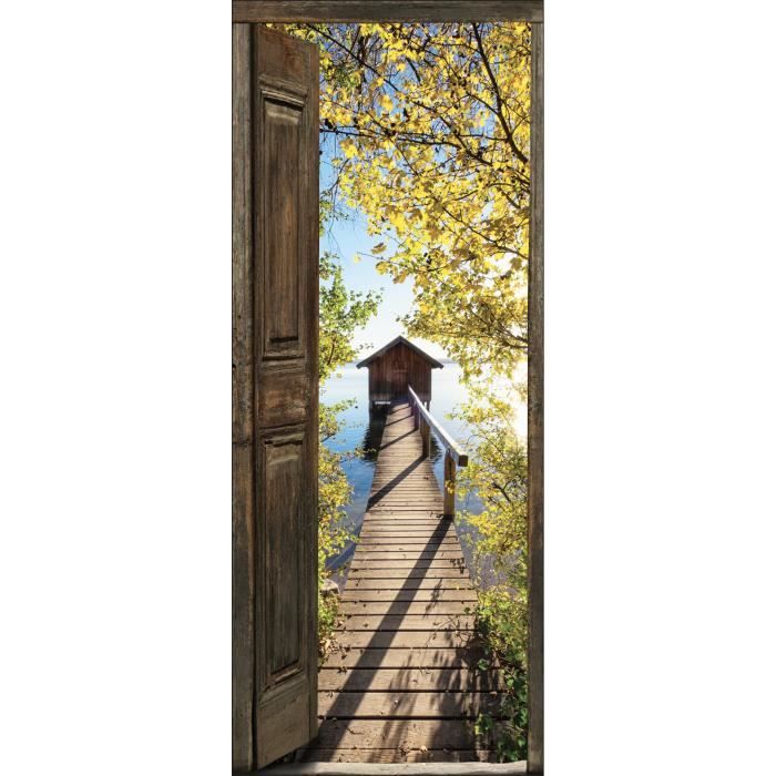 Décoration Forêt Sticker Mural Porte 204x83 Cm - Trompe-l'œil Forêt Avec Passerelle - Adhésif Décoratif Vert - Made In France Sticker Trompe-l'œil