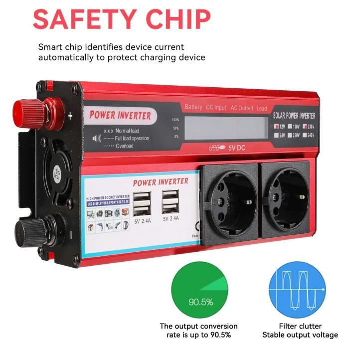 Onduleur de puissance 1000W 12V DC à 220V 230V AC transformateur avec 4 prises USB EU chargement avec affichage LED