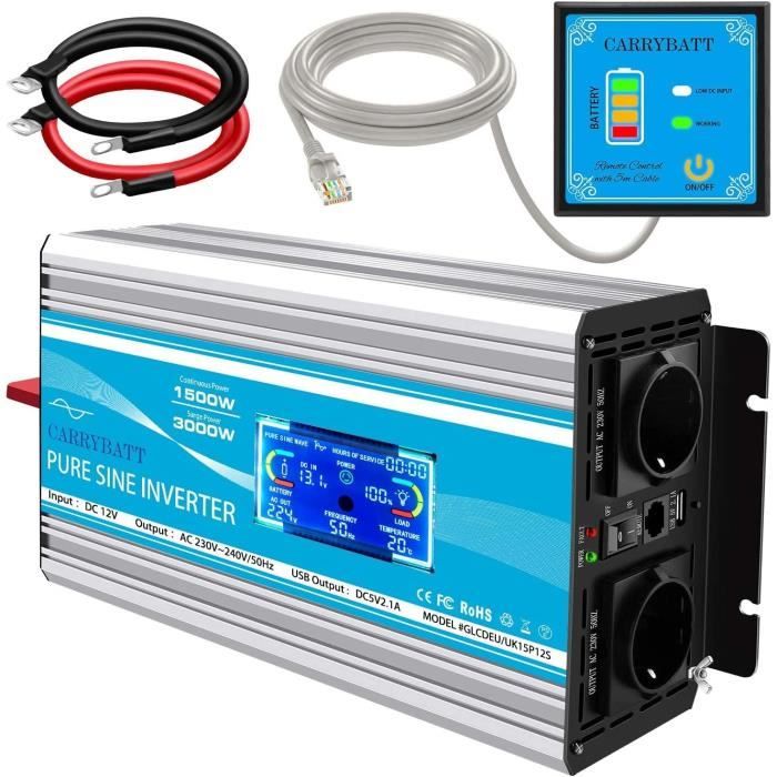 Onduleur Erayak Pur Sinus 1500W/3000W 12V-230V – Télécommande, LCD, Double Prises, Idéal Camping & Caravane