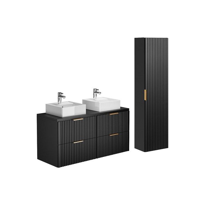 Meuble de salle de bain suspendu strié avec vasque à poser et colonne - Noir - 120 cm - ZEVARA