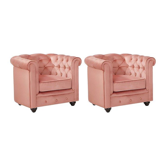 Lot de 2 Fauteuils CHESTERFIELD - Velours rose pastel
