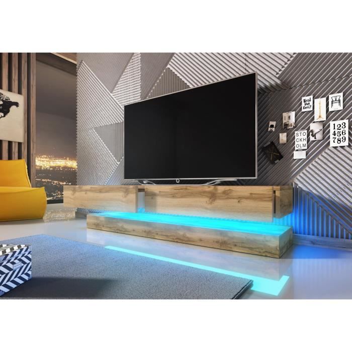 VIVALDI Meuble TV - FLY - 140 cm - chêne wotan avec LED - style moderne