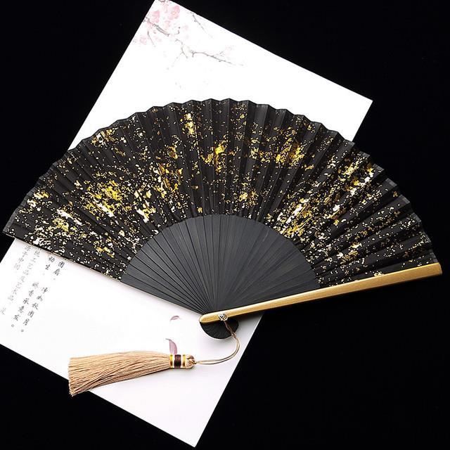 Éventail Japonais Ancien Peint Main, Feuille D'or Recto-verso, Avec Support Bois