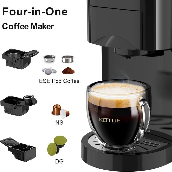 Machine à Café 4 En 1 KOTLIE AC-513K - Compatible Capsules NES/DG, Café Moulu Et ESE - 19Bar, 0.8L Réservoir - Noir