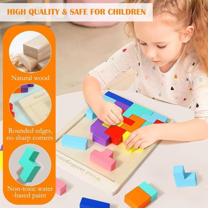 Puzzle Tangram En Bois - Hibou - 9 Blocs Colorés + Cartes - Jeu Éducatif Pour Enfants - 19,5x13,8 Cm