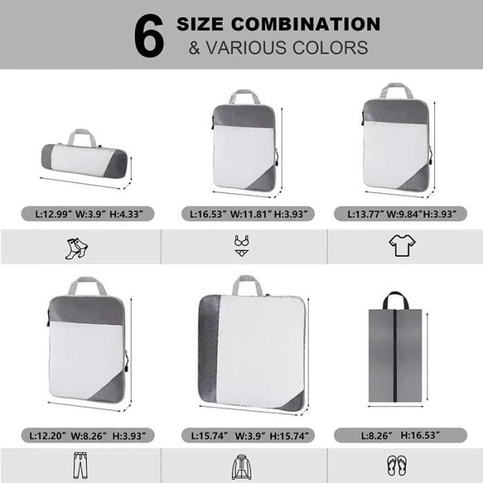 Organisateur de valise, lot de 6 sacs pack avec compression, cubes de  rangement pour