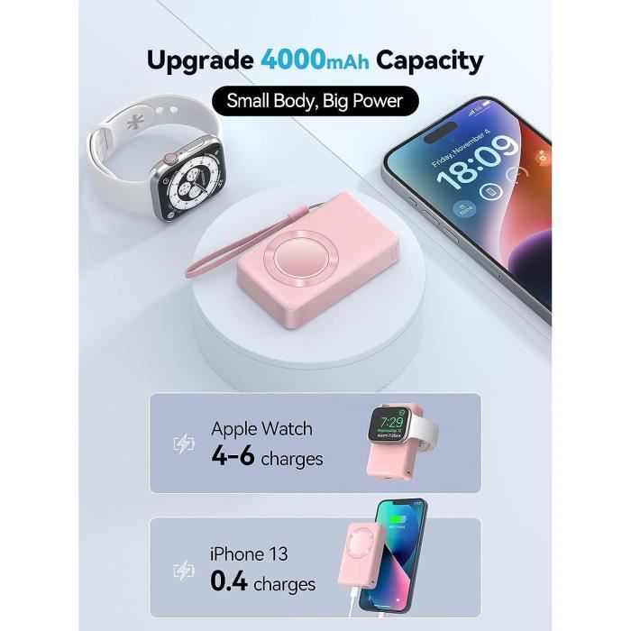LVFAN Chargeur sans Fil pour Apple Watch 8, USB-C Chargeur Magnétique pour  iWatch, Batterie Externe de 4000 mAh pour Apple Watch Series  8/7/6/5/4/3/2/1/SE/Ultra - Blanc : : High-Tech