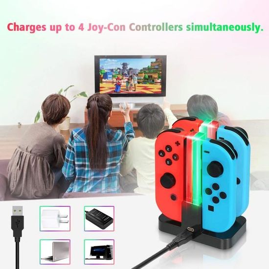 EXTSUD 6 en 1 Chargeur pour Nintendo Switch Manette Pro et Joy-Con Station  de Charge Dock avec 4 Slots, Câble USB Type C et Indicateur de Charge LED