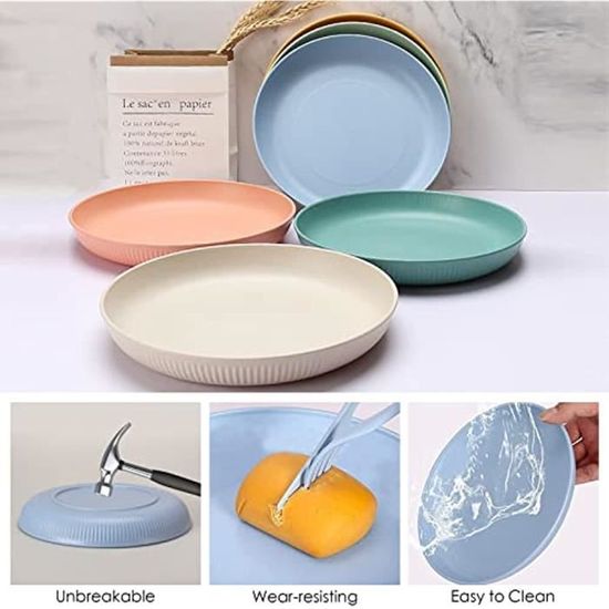 Mulaibdin Lot De 8 Assiette Plastique Reutilisable, Camping Avec Couverts & Bols à Sauce, 6.6 Inch Plate Incassable, Assiette Plastique Enfant Pour Fêtes, Pâtes, Pizzas, Salade