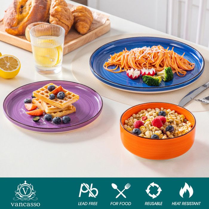 Vancasso BONITA Service Vaisselle 18 Pièces 6 Personnes En Grès Multicolore - Assiettes Plates, Creuses Et à Dessert