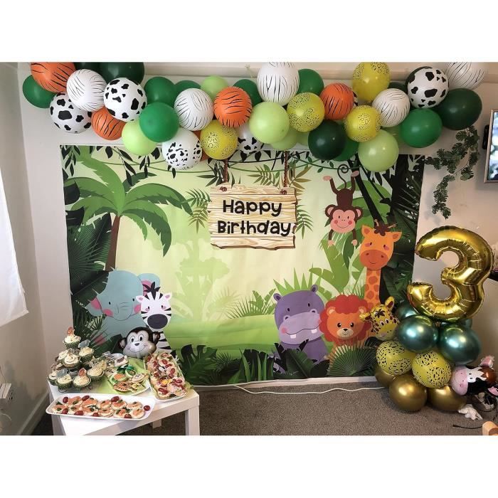 Décoration de fête d'anniversaire - Grande toile de fond en tissu - Bannière de porte photo - Motif animaux de la jungle - Jeu amusant pour fête d' anniversaire