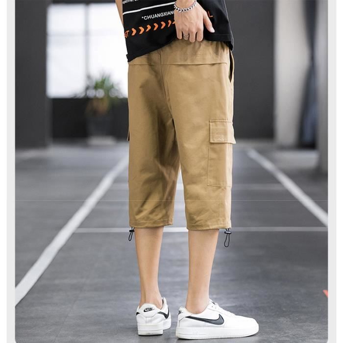 Pantacourt Homme Taille Elastiquee Cordon Couleur Unie Casual Multipoches
