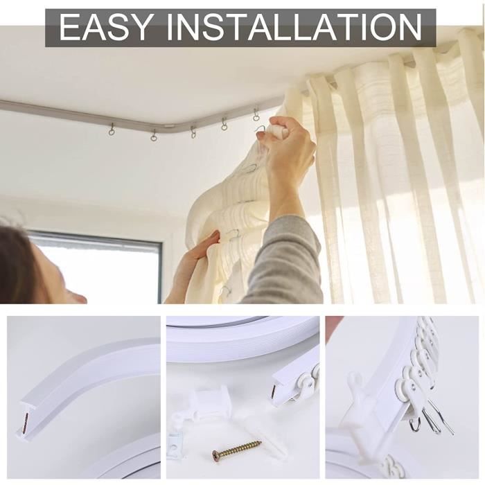 Rail Rideau Plafond Flexible 3m - PVC Pliable Avec Roulettes Silencieuses - Pour Fenêtres Courbes