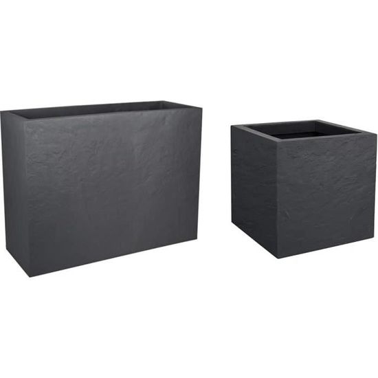 Jardinière Volcania EDA 98L - Imitation Pierre Gris Anthracite - Double Paroi - Rétention D'eau - 99,5x39,5x43,5cm