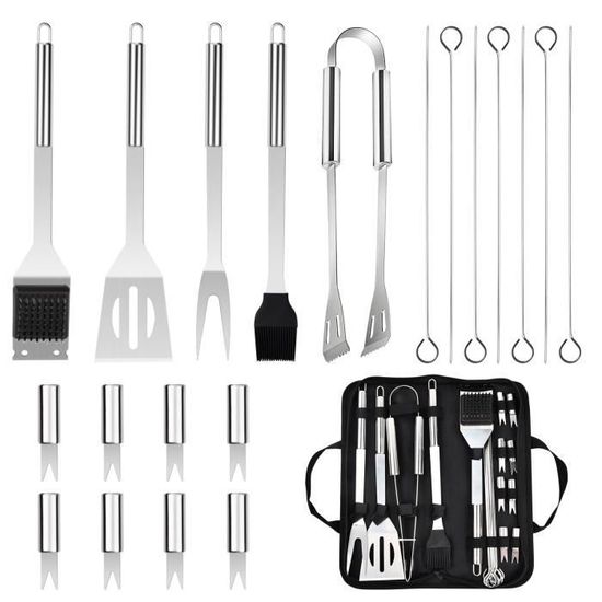 Set Barbecue 18 Pièces Acier Inoxydable - Pelle, Fourchette, Pinces, Couteau, Mallette Aluminium, Cadeau Homme