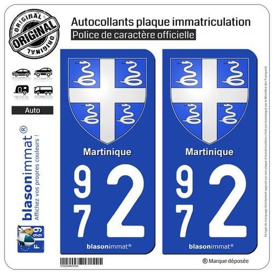 2 AUTOCOLLANTS PLAQUE IMMATRICULATION MOTO 972 Martinique 