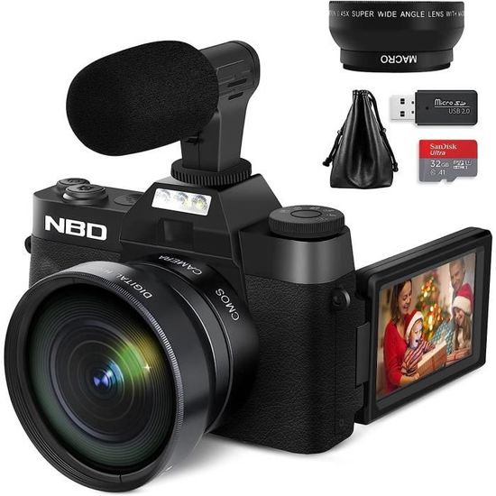 Appareil Photo numérique, caméras vidéo 4K pour la Photographie pour avec écran IPS 3,0" à180°, Objectif Grand Angle, Objectif