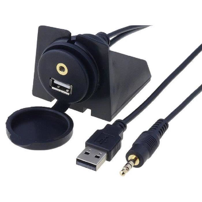 Rallonge USB/jack 3.5mm 4pin - 2m - avec support de fixation - couvercle - ADNAuto