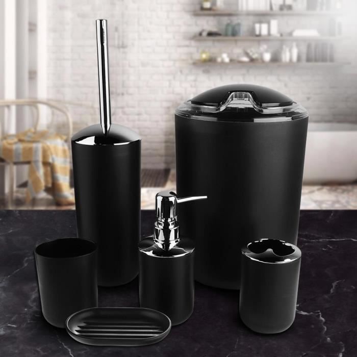 6pcs / set Accessoires de salle bain Set Porte-brosse à dents, poubelle, distributeur de savon robuste et durable (noir)