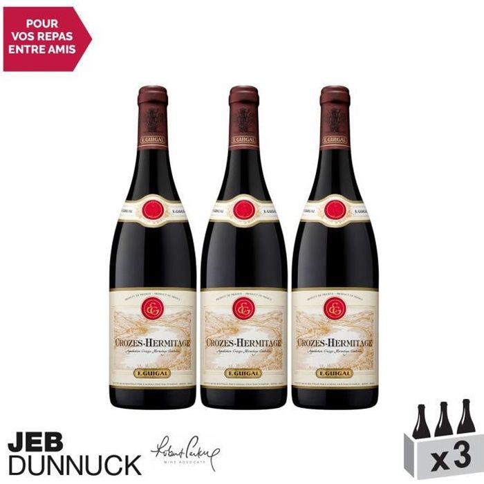 Crozes-Hermitage Rouge 2018 - Lot de 3x75cl - Maison Guigal - Vin AOC Rouge de la Vallée du Rhône - 90-92-100 Robert Parker - Cépage