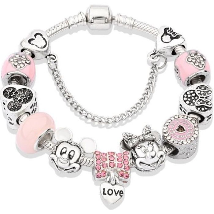 Nouveau Bracelet Pandora avec incrustation en Zircon rose, Mickey et Minnie, pendentif cœur, dessin animé mignon, DIY, [7B2D37C]