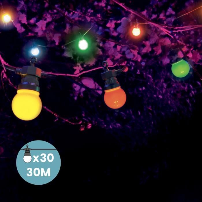 Kit Guirlande Guinguette 30m Multicolore Raccordable en Série Guirlande Lumineuse 30 Bulbes Rouge Jaune Vert Bleu Extérieur Terrasse