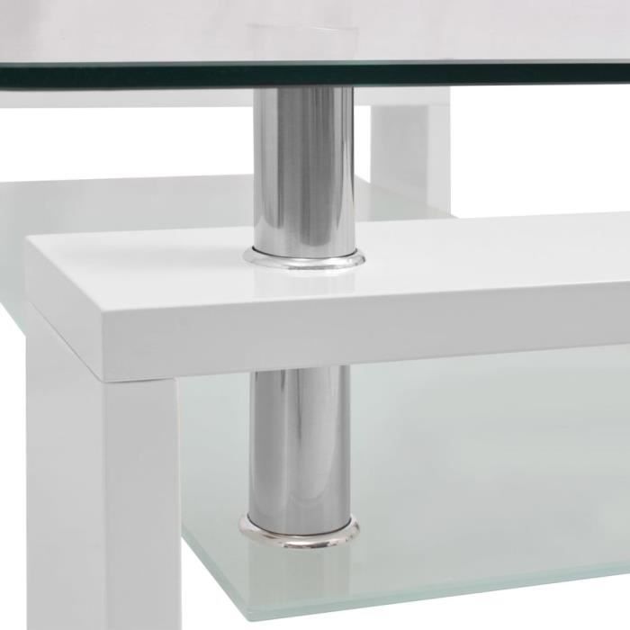 Table Basse en Verre Trempé avec Finition Brillante Design Contemporain Blanc et Transparent 110x60x40cm-2_Camsoos