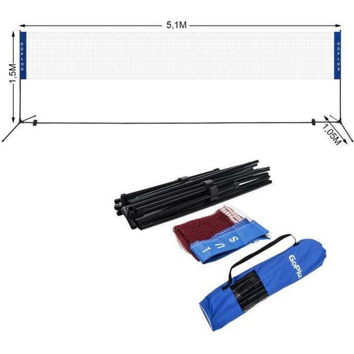 COSTWAY Filet de Badminton/Volley-ball Portable 5,1 M Pliable Réglable sur 2 Hauteurs 85-155CM en Polyéthylène avec Supports et Sac