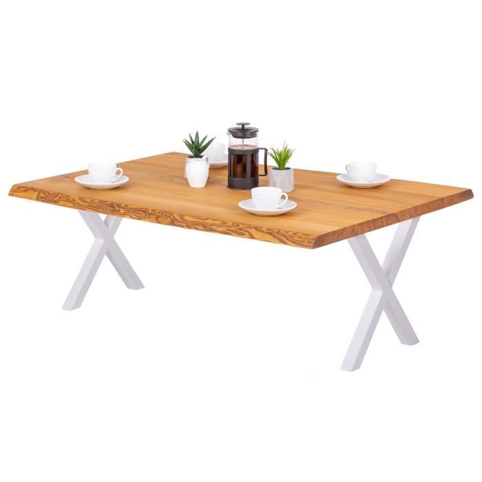 LAMO MANUFAKTUR Table basse en bois - salon - bord naturel - 120x80x47cm - frêne rustique - pieds métal blanc - modèle design