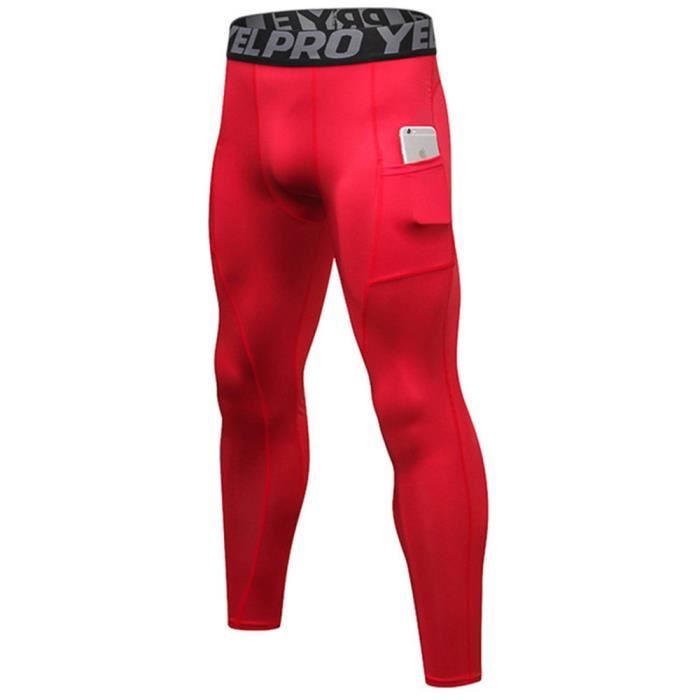 Pantalons de Compression pour Hommes Collants de Sport Leggings Course Séchage Rapide Pantalons de Sport pour Poche Rouge