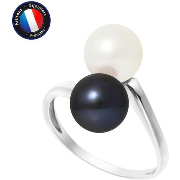 PERLINEA - Bague Véritables Perles de Culture d'Eau Douce Rondes 7-8 mm - Blanc Naturel & Black Tahiti - Or Blanc - Bijou Femme