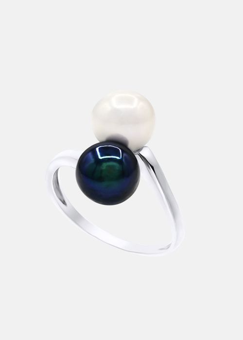 PERLINEA - Bague Véritables Perles de Culture d'Eau Douce Rondes 7-8 mm - Blanc Naturel & Black Tahiti - Or Blanc - Bijou Femme