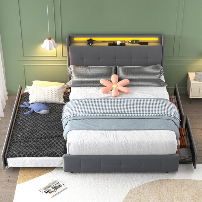Lit Double 160x200 Avec Rangement Yeutre - 4 Tiroirs, Tête De Lit Velours Et Ports USB - Sans Matelas - 11