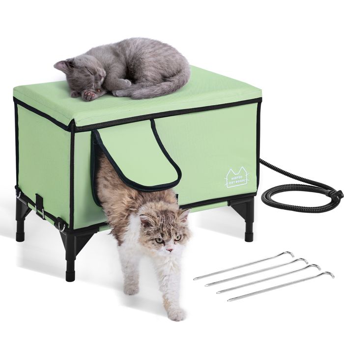 Maison Chat Surélevée Chauffante-VEVOR-Niche Chat Extérieur avec Coussin Chauffant,Minuterie-pour Rester au Chaud-Vert-L