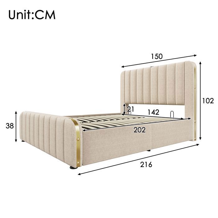 Lit rembourré 140x200 cm avec des rayures décoratives dorées et fonction de charge USB Type-C Beige