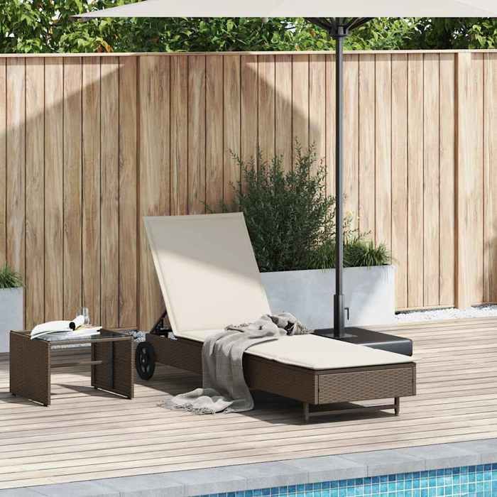 Transat de soleil-Chaise longue avec roues et coussin marron résine tressée NEUF BM642287916