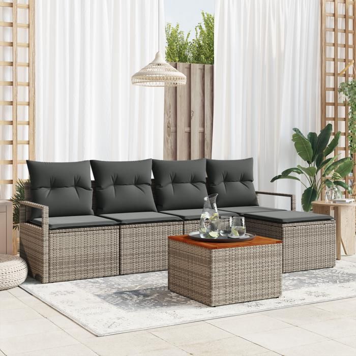 Ensemble de canapé de jardin en 6 pièces avec coussins gris poly rotin acacia Canapé de jardin 2 places avec coussins gris 3347692